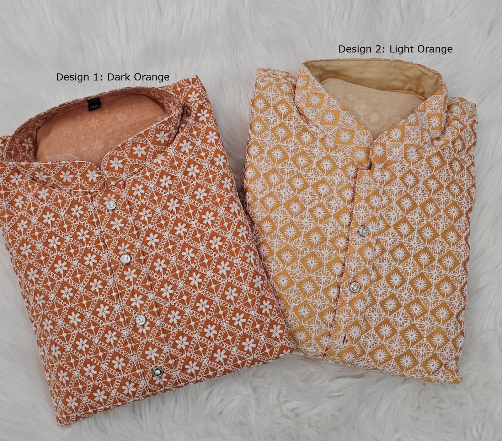 Medium Size 38 Yellowish Orange Chikankari Kurta Pajama Set with Cotton Linen, Design KPS# 665