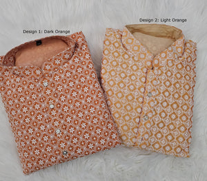 Medium Size 38 Yellowish Orange Chikankari Kurta Pajama Set with Cotton Linen, Design KPS# 665