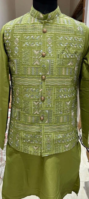 Green Shade 3 Piece Kurta Pajama, Pant Style, with Embroidered Jacket Set-Silk Fabric, TPKP- 1416