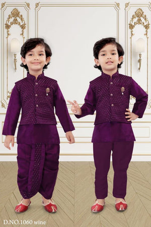 Comfy Newborn Boy 4 Piece Cotton Silk Indian Dress with Dhoti and Pajama with Sequins Jacket- Design B-1435