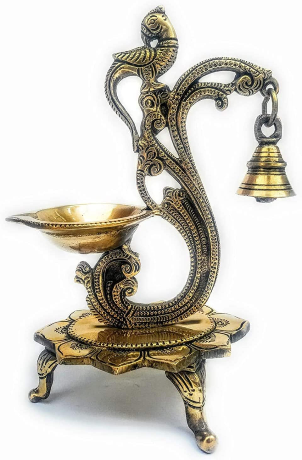 Exquisite Peacock Design Oil Wick Lamp/Diya in Brass, Traditional Indian Handcrafted Deepak ~8" Lamp, DEEP- 1466