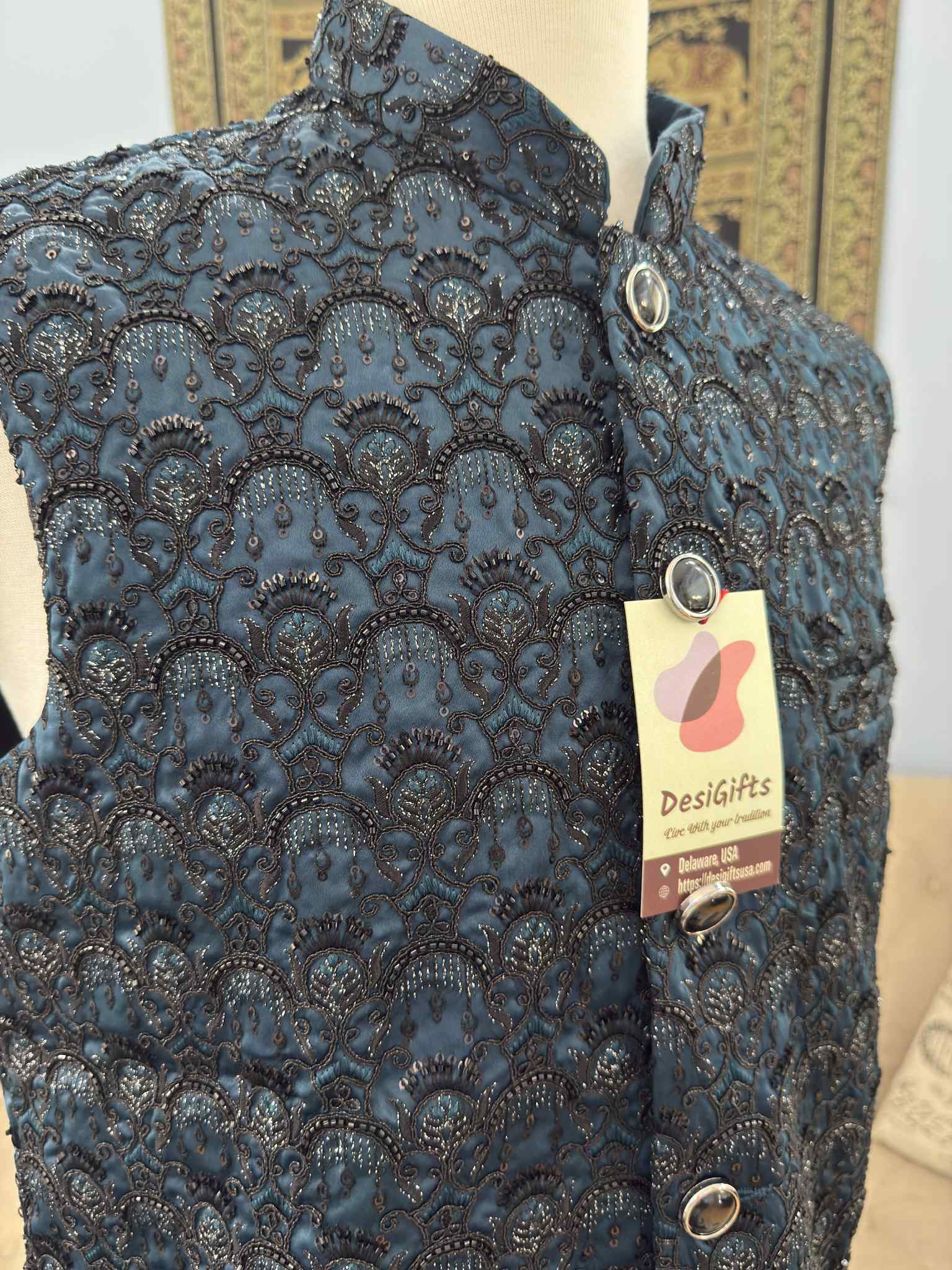 Classic Blue Shade Jacket for Men, Intricately Embroidered Indian Waistcoat, Sadri with Sequins, Wedding Jacket, J - 1928