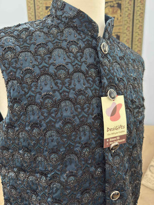 Classic Blue Shade Jacket for Men, Intricately Embroidered Indian Waistcoat, Sadri with Sequins, Wedding Jacket, J - 1928