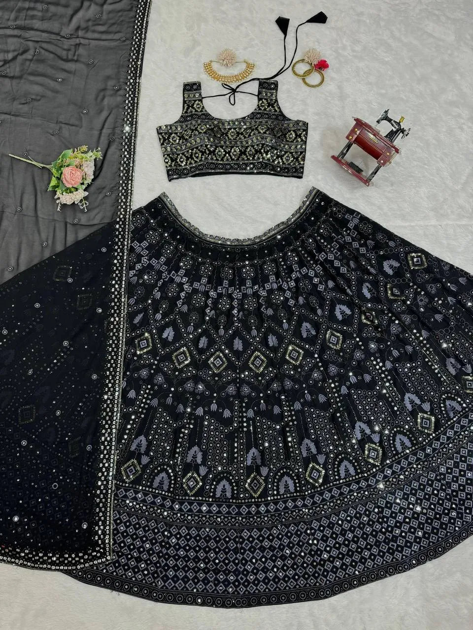 Black Georgette with Heavy Embroidery & Sequins Lehenga Choli 3 Pieces Ethnic Wear for Girls, Design LHG - 1618