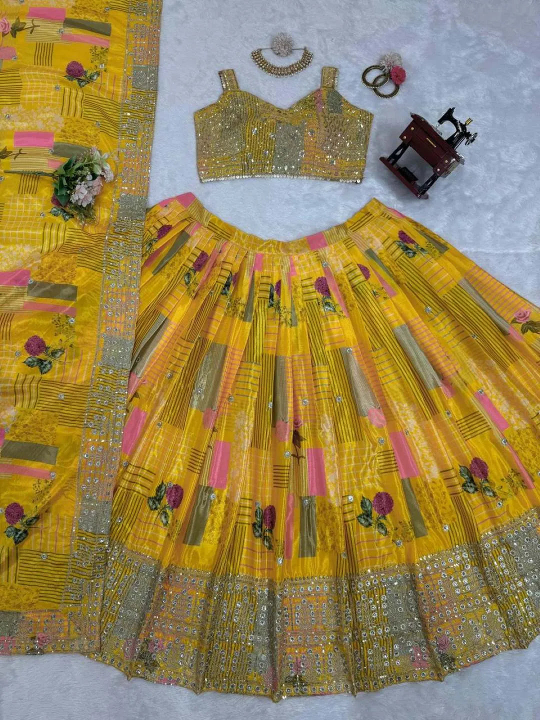 Yellow Chinon Silk with Embroidery & Sequins Lehenga Choli 3 Pieces Ethnic Wear for Girls, Design LHG - 1619