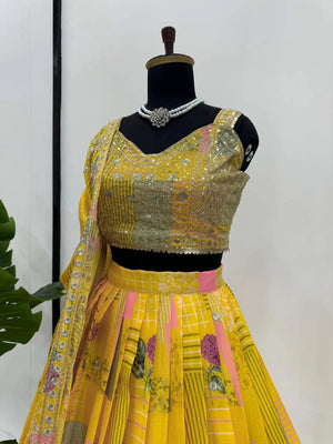 Yellow Chinon Silk with Embroidery & Sequins Lehenga Choli 3 Pieces Ethnic Wear for Girls, Design LHG - 1619