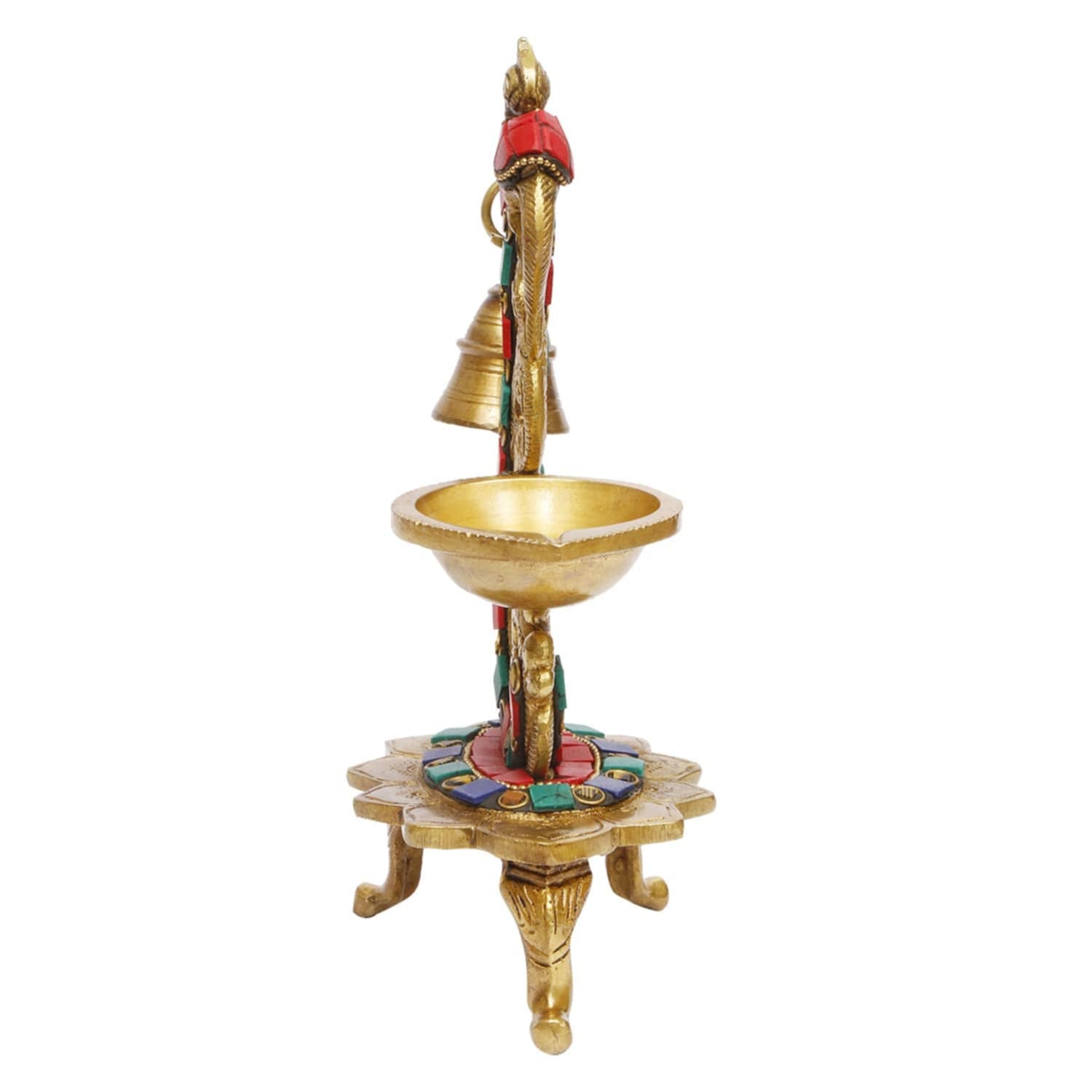 Beautiful Peacock Design Oil Wick Lamp/Diya in Brasst with colored Sone, Traditional Indian Handcrafted Deepak ~8" Lamp, DEEP- 1467