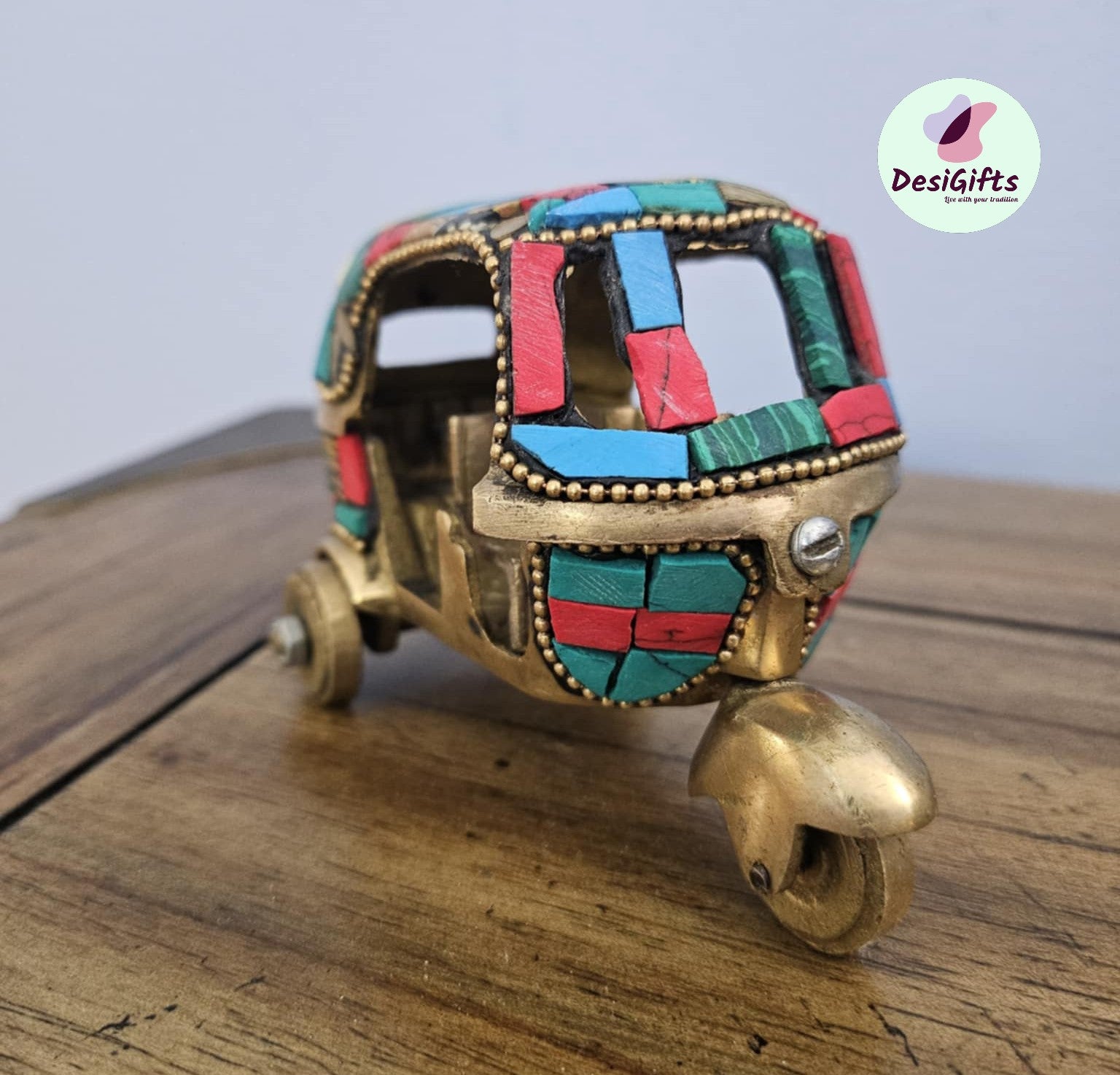 4" Auto Rickshaw in Brass with Stonework, Brass Decorative Auto Showpiece Gift, Auto- 1472