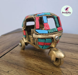 4" Auto Rickshaw in Brass with Stonework, Brass Decorative Auto Showpiece Gift, Auto- 1472