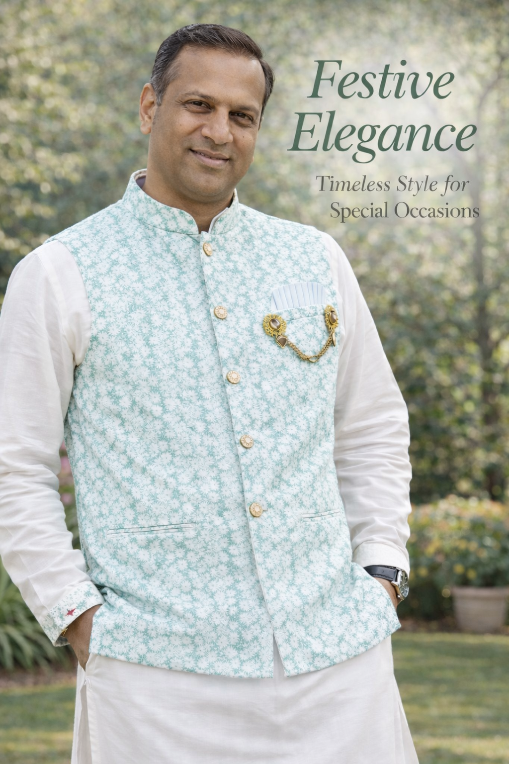 3 Piece Kurta Pajama with Jacket Set, Men's Kurta set with Teal White Embroidered Jacket, Festive & Party Wear, KPJ - 2062