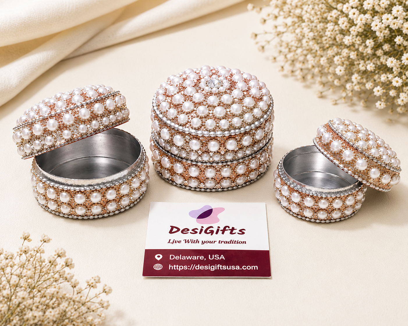 Elegant Set of 3 Hand-Decorated Pearl Dibbi Boxes – Assorted Colors, 3 Different Sizes, Decorative Gift & Jewelry Storage Boxes-DBA#163