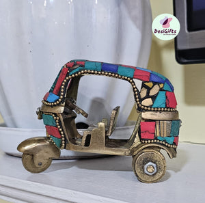 4" Auto Rickshaw in Brass with Stonework, Brass Decorative Auto Showpiece Gift, Auto- 1472