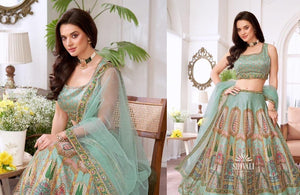 Women’s Sage Green Silk Blend Lehenga Choli Set – Digital Floral Print, Mirror-Style Sequin Work, Faux Georgette Dupatta, Indian Wedding Festive Wear, LHG - 1876