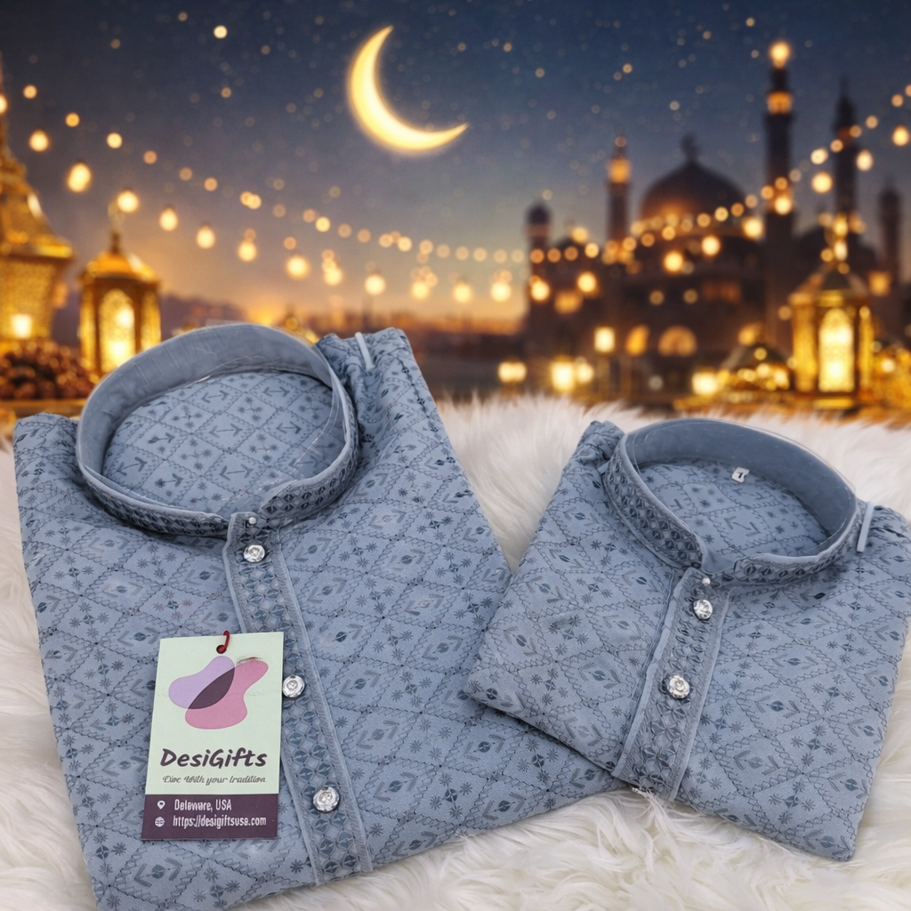 Gray Chikankari Rayon with Sequins 2 Piece Kurta Pajama Set, Father or Son's Outfit, DM -1981