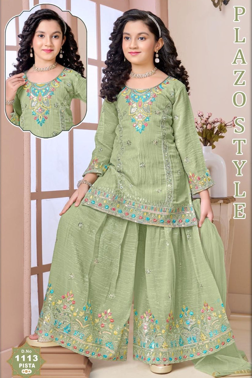 Girls Pista Green Embroidered Palazzo Set with Dupatta | Indian Ethnic Wear | Wedding, Diwali, Eid Party Dress, G -4500