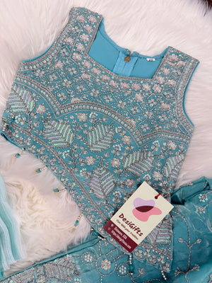 Girls Turquoise Blue Palazzo Set with Dupatta | Embroidered Crop Top Sharara Suit | Indian Wedding Festive Party Wear for Girls, G -4098