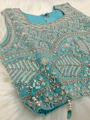 Girls Turquoise Blue Palazzo Set with Dupatta | Embroidered Crop Top Sharara Suit | Indian Wedding Festive Party Wear for Girls, G -4098