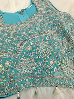 Girls Turquoise Blue Palazzo Set with Dupatta | Embroidered Crop Top Sharara Suit | Indian Wedding Festive Party Wear for Girls, G -4098