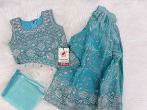 Girls Turquoise Blue Palazzo Set with Dupatta | Embroidered Crop Top Sharara Suit | Indian Wedding Festive Party Wear for Girls, G -4098