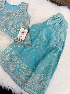 Girls Turquoise Blue Palazzo Set with Dupatta | Embroidered Crop Top Sharara Suit | Indian Wedding Festive Party Wear for Girls, G -4098