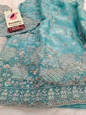 Girls Turquoise Blue Palazzo Set with Dupatta | Embroidered Crop Top Sharara Suit | Indian Wedding Festive Party Wear for Girls, G -4098