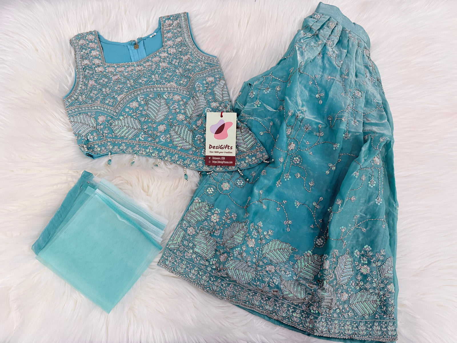 Girls Turquoise Blue Palazzo Set with Dupatta | Embroidered Crop Top Sharara Suit | Indian Wedding Festive Party Wear for Girls, G -4098