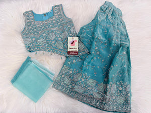 Girls Turquoise Blue Palazzo Set with Dupatta | Embroidered Crop Top Sharara Suit | Indian Wedding Festive Party Wear for Girls, G -4098