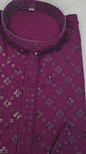 Chikankari Rayon with Sequins 2 Piece Kurta Pajama Set in Sangria Purple Shade, Father & Son's Outfit, DM -1676