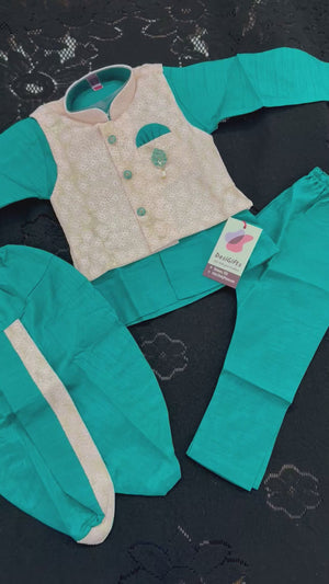 Kids Teal Green Kurta Dhoti and Pajama Set with Cream Sparkle Jacket, Boys Ethnic Wear, Festive Wedding Outfit B-2020