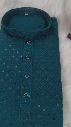 Poised Chikankari Sequins 2 Piece Kurta Pajama Set for Man, Crystal Teal Blue Shade, Embroidered Party Man's Wear, KP - 1375