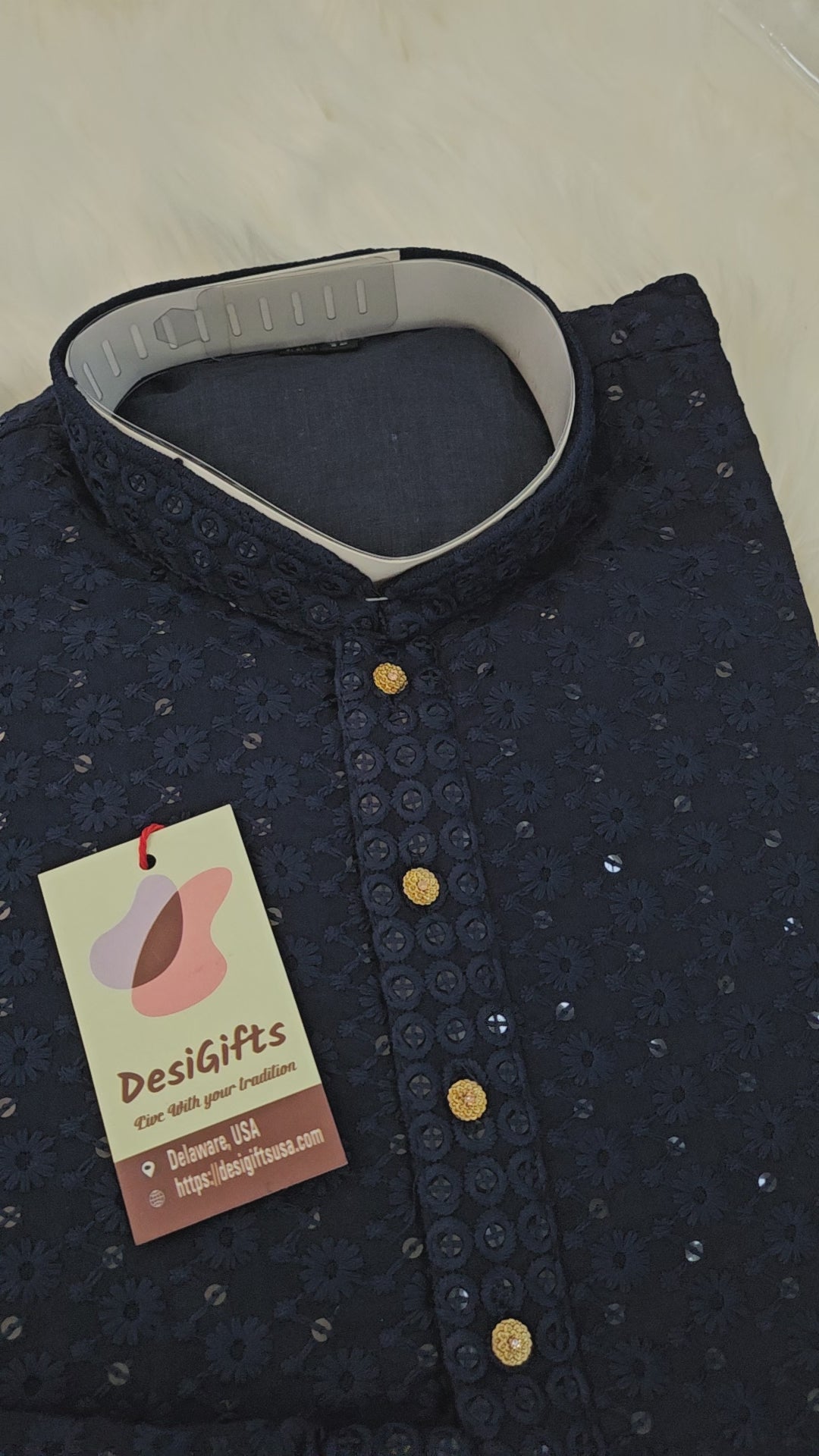 Size 48, Navy Chikankari Rayon with Sequins 2 Piece Kurta Pajama Set, DM -A1363