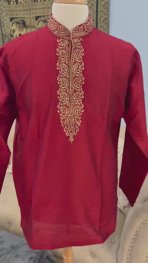 Rose Red Full Sleeve Embroidered Short Kurta for Man -Silk Design SK - 1081