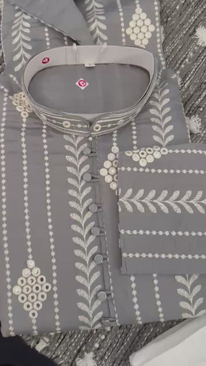 Embroidered with Mirror & Sequins Work Partywear 2 Piece Kurta Pajama Set for Man in Gray Shade, KP - 1683