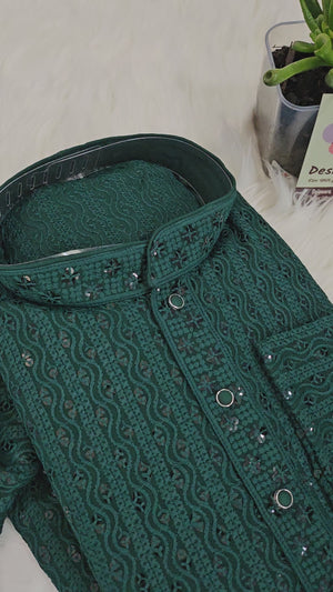 Pleasing Chikankari Sequins 2 Piece Kurta Pajama Set for Man, Pine Green Shade, Embroidered Men Party Wear, KP - 1371