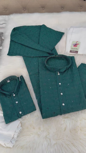 Men & Boys Green Rayon Chikankari with Sequins Kurta Pajama Set | Matching Father Son Festive Outfit with Sequin Work, DM -2078