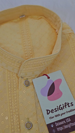 Pastel Yellow Shade Chikankari Rayon with Sequins 2 Piece Kurta Pajama Set, Father & Son's Outfit, DM -1354