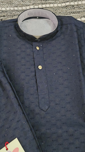 Navy Shade Jacquard Silk 2 Piece Kurta Pajama Set, Father & Son's Outfit, DM -1305