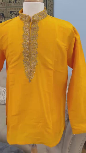 Full Sleeve Short Kurta in Yellow Shade-Silk Design SK - 1517