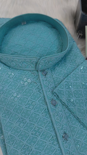 Pretty Chikankari Sequins 2 Piece Kurta Pajama Set for Man, Sky  Blue Shade, Embroidered Party Man's Wear, KP - 1370