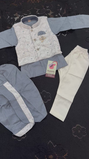 Kids Gray Kurta Dhoti and Pajama Set with offwhite Jacket, Boys Ethnic Wear, Festive Wedding Outfit B-2021