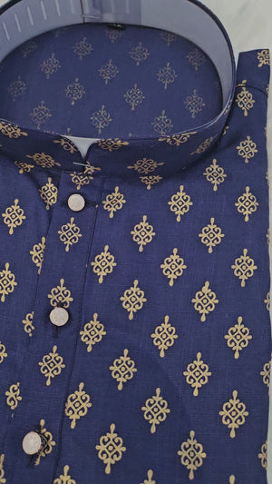 Navy Blue Shade with Golden Buty 2 Piece Cotton Kurta Pajama Set, KP-1714