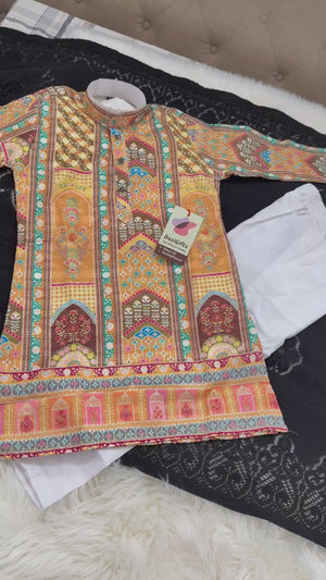 Multishade Boys’ Rayon Kurta Pajama Set with Sequins Work, Designer Printed Ethnic Outfit for Kids, Festive Wear – BOY-2088