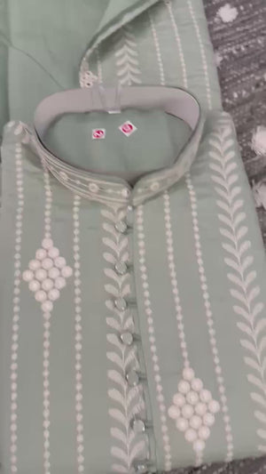 Embroidered with Mirror & Sequins Work Partywear 2 Piece Kurta Pajama Set for Man in Pista Green Shade, KP - 1682