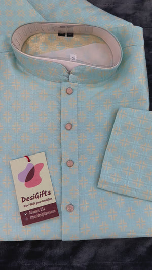 Sky Blue with Golden Self Design Jacquard  Silk Kurta Pajama Set for Party or Semiformal Occasion-Self Design KPS- 1412