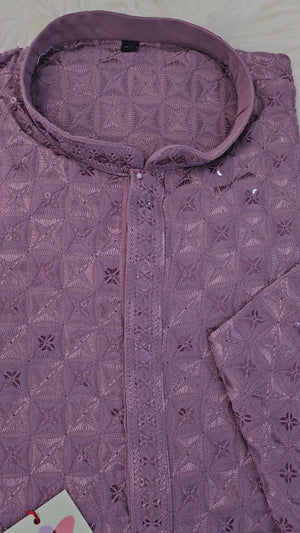 Lavender Purple Shade Sequins Work Chikankari Rayon 2 Piece Kurta Pajama Set for Man, KP - 1685