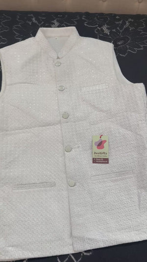 Men’s White Embroidered Jacket with Sequins – Premium Ethnic Waistcoat Sadri, J-2084
