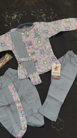 Boys 3 Piece Gray Silk Blend Indian Dress Set with Jacket, Dhoti & Pajama – Ethnic Wedding and Festive Outfit B-2019