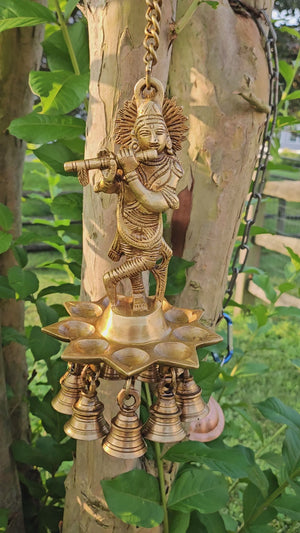 Krishna Wall Hanging ~8" Idol Oil Lamp with Bells & ~20" Chain in Brass, Hanging Oil wick Krishna Decor,  Deepak, Deepam, RKSB- 1462