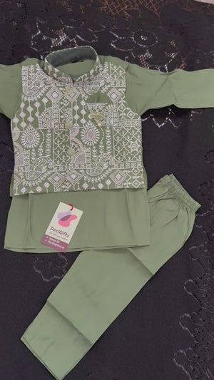 Boys Green Kurta Set with Embroidered Jacket and Pajama – Festive Ethnic Wear,- Design B-2028
