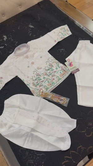 Boys 3 Piece White Silk Blend Indian Dress Set with Sherwani Kurta, Dhoti & Pajama – Ethnic Wedding and Festive Outfit B-2023